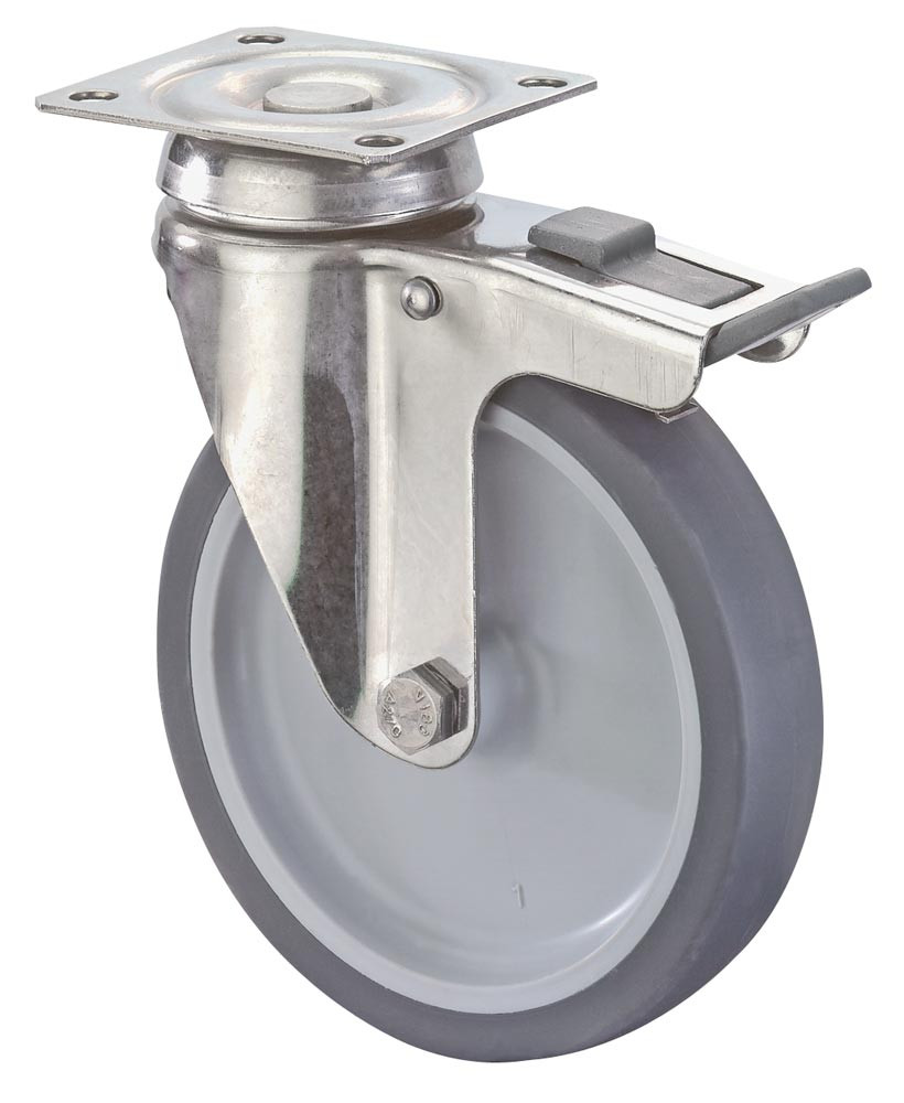 Edelstahl-Apparate-Lenkrolle m. Festst., thermopl. Gummi grau  